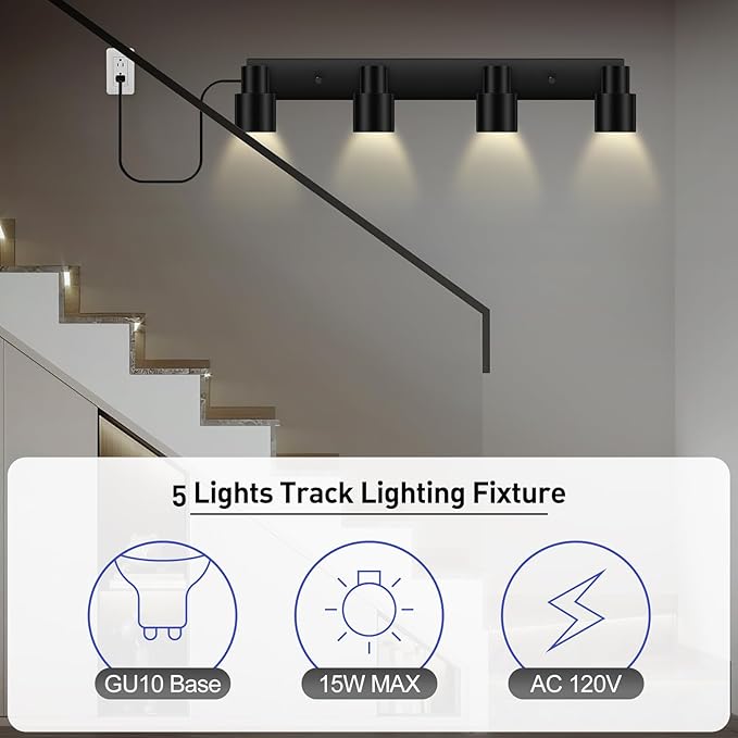 Plug in Track Lighting, 23" LED Track Lighting Fixtures Ceiling, Black 4 Way Spotlight, Rotatable Track Head, Plug in Ceiling Light with Power Cord, Plug Wall Light for Kitchen Hallway(GU10, NO Bulb)