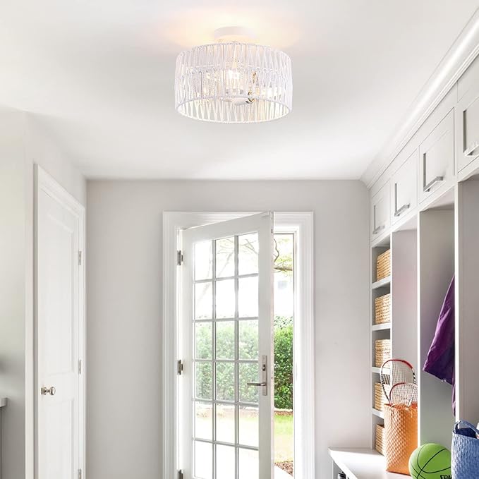 3-Light Coastal White Woven Flush Mount Light Fixture Boho Hemp Rope Semi Flush Mount Ceiling Light for Hallway Bedroom Kitchen Entryway Farmhouse Living Room, White