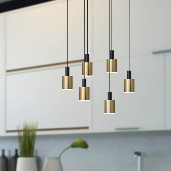 Virgo 6 Mini Pendant Lighting Black-Brass - LED Hanging Light Fixture for Kitchen Island, Bar, Foyer - Cluster Pendants - Dimmable, Adjustable Wire, Lamp Bulb Included
