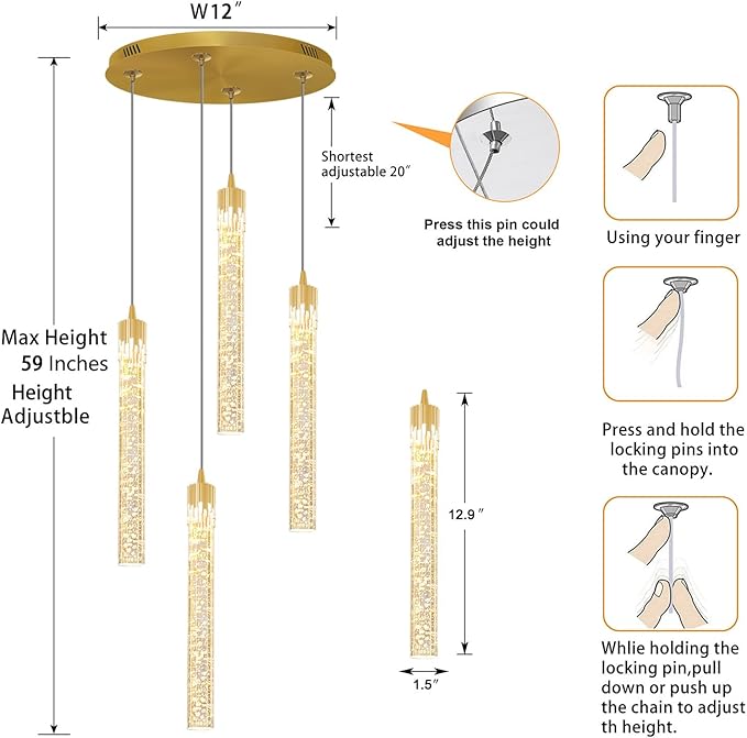 ykolupty 4-Light Pendant Lights Kitchen Island Mini Chandelier,Modern Gold Pendant Light with Remote Control,Teardrop Hanging Light Fixture for Dining Room Hallway