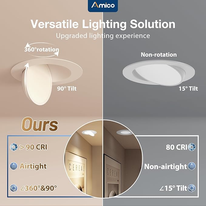 Amico 4 Pack 6 Inch 5CCT Gimbal LED Recessed Lighting, 360°&90° Adjustable Eyeball Directional Downlight, Dimmable, 2700K/3000K/3500K/4000K/5000K Selectable, CRI90+ 12W 1200LM, ETL&FCC