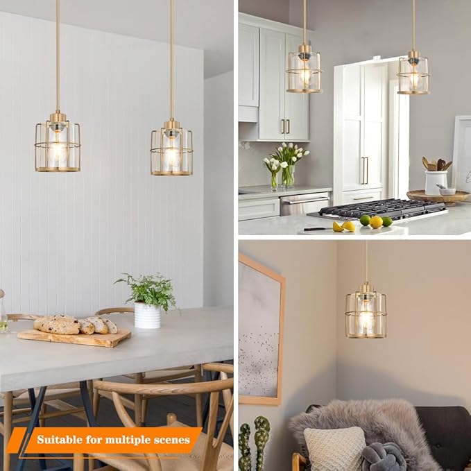 Modern Brass Pendant Light Kitchen Island Set of 2, Farmhouse Gold Pendant Light with Clear Cylinder Glass, Adjustable Rod Bathroom Pandand Light over Sink, Small Hanging Lighting for Home Decor, E26