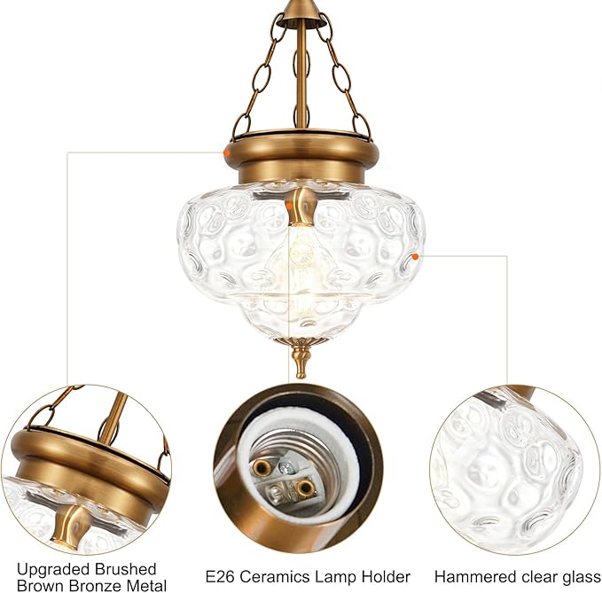 Vintage Pendant Light - Bronze Gold Pendant Lights Kitchen Island with Hammered Glass Shade, Brass Penant Lighting Fixtures with Adjustable Hanging Chain for Kitchen, Dining Room, Entryway