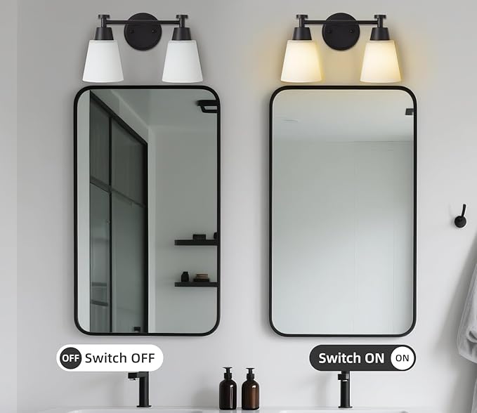 Bathroom Vanity Light, 2 Light Modern Matte Black Stainless Steel Over Mirror Vanity Light Fixture with Frosted Glass, Wall Sconces Lighting for Bedroom Living Room