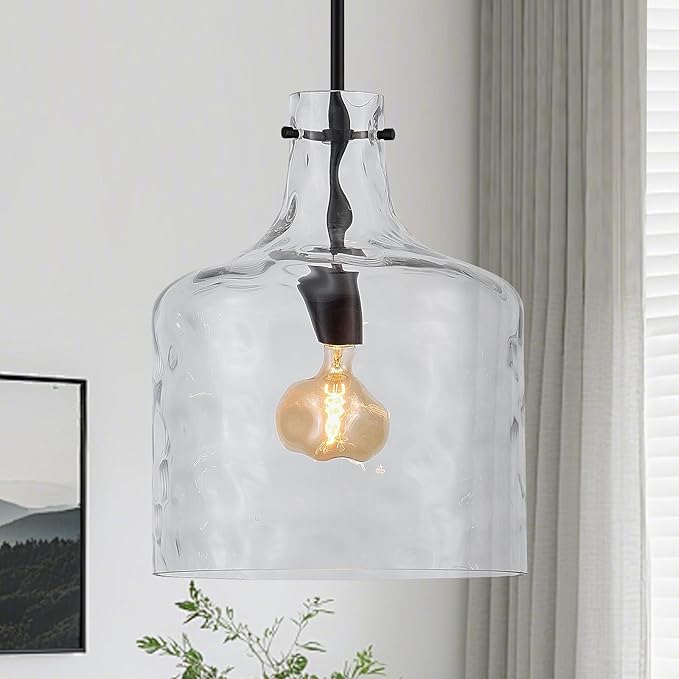 VILUXY Black Glass Pendant Lighting Hand-Blown Hammered Large Modern 1-Light Pendant Lighting Adjustable Single Dome Ceiling Hanging Light for Kitchen Island Dining Room Hallway, UL Listed