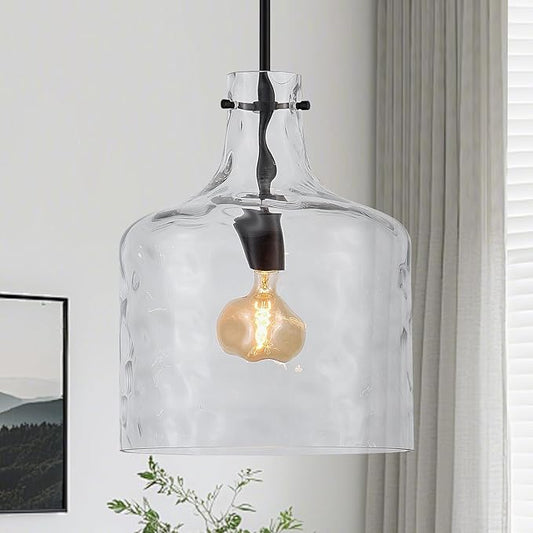 VILUXY Black Glass Pendant Lighting Hand-Blown Hammered Large Modern 1-Light Pendant Lighting Adjustable Single Dome Ceiling Hanging Light for Kitchen Island Dining Room Hallway, UL Listed