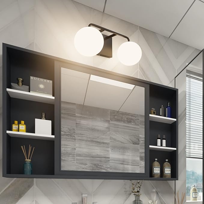 Tipace 2 Lights Mid Century Vintage Bathroom Vanity Light Fixtures Over Mirror Black Industrial Vanity Lights with Milk White Glass Globe Farmhouse Bath Lighting(Exclude Bulb)