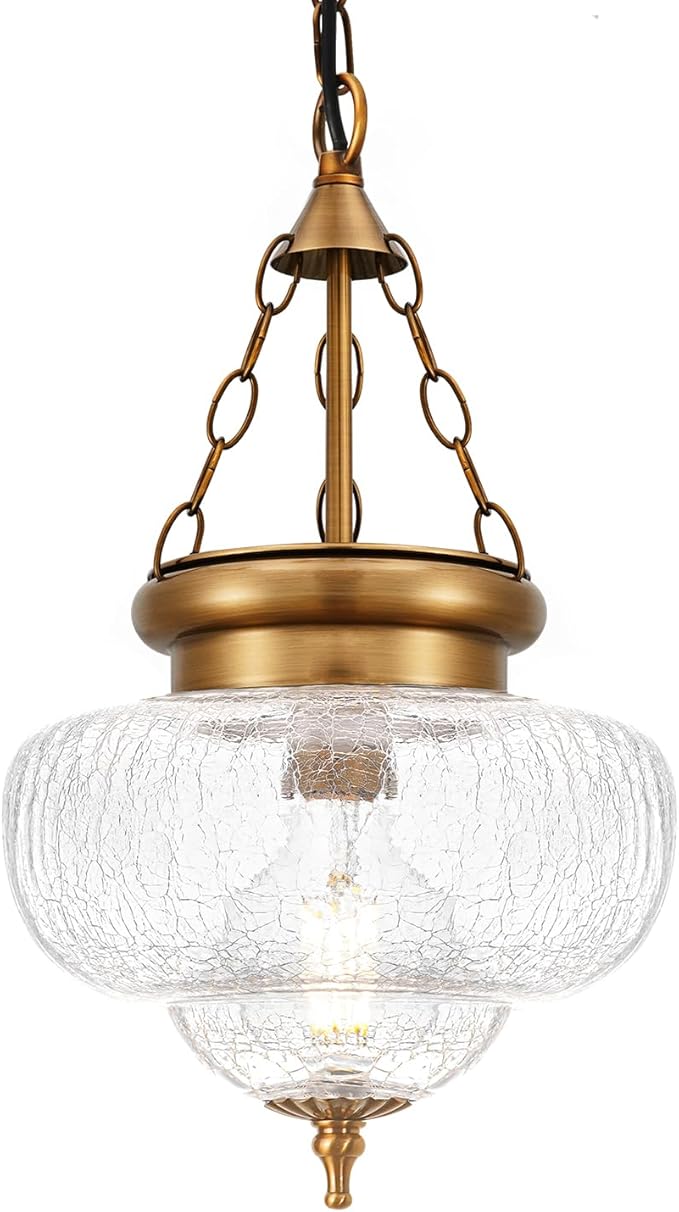 Vintage Pendant Light - Bronze Gold Pendant Lights Kitchen Island with Cracked Glass, Brass Penant Lighting Fixtures with Adjustable Hanging Chain for Kitchen, Dining Room, Entryway