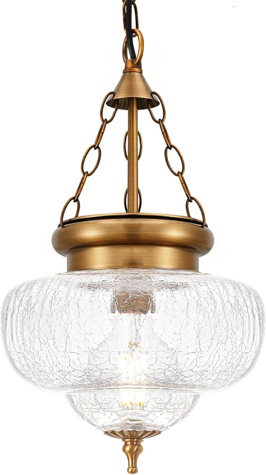 Vintage Pendant Light - Bronze Gold Pendant Lights Kitchen Island with Cracked Glass, Brass Penant Lighting Fixtures with Adjustable Hanging Chain for Kitchen, Dining Room, Entryway
