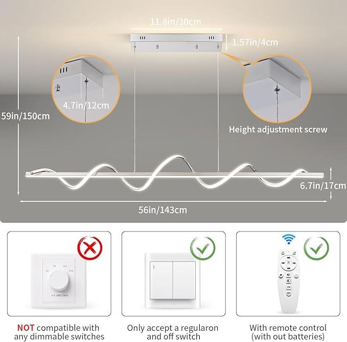 LED Pendant Lights, 3300k-6500K Adjustable Color Temperature Hanging Pendant Lighting, 56.29" Chandelier Dimmable with Remote Control, Aluminum Island Lighting Lamp Fixture for Dining Room,Office Bar