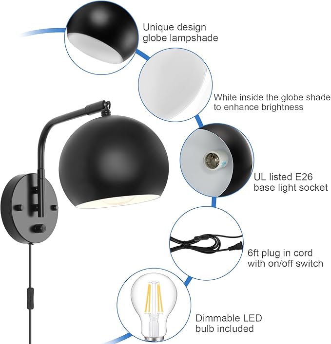 VATONI Plug in Wall Sconces, Dimmable Wall Sconce Swing Arm Wall Lights with Plug in Cord and Dimmer On/Off Knob Switch, Black Globe Wall Light for Bedside Bedroom Bathroom(1 Bulb Included)