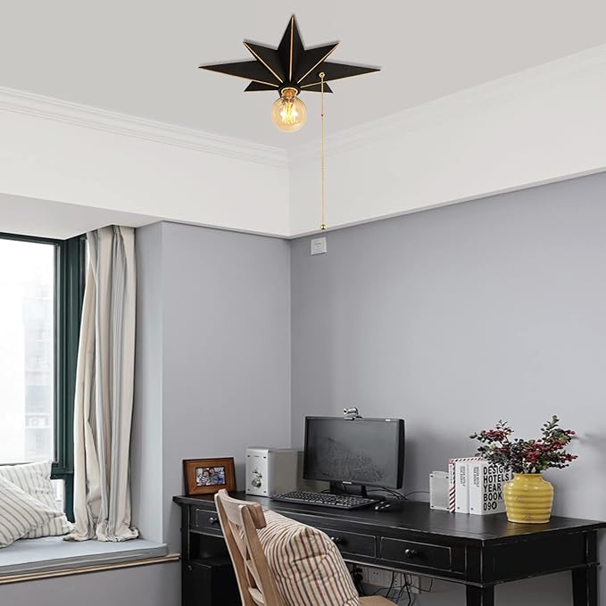 16 inch Flush Mount Ceiling Light with Pull Chain On/Off Switch, Industrial Black Star Ceiling Light Fixtures, Farmhouse Lighting for Hallway, Entryway, Porch, Study, Bedroom, Stair, Kitchen, Bathroom