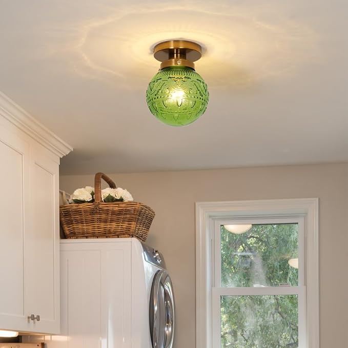 Green Globe Glass Semi Flush Mount Small Hall Ceiling Light, Modern Gold Lighting for Kitchen, Bedroom, Hallway, Porch