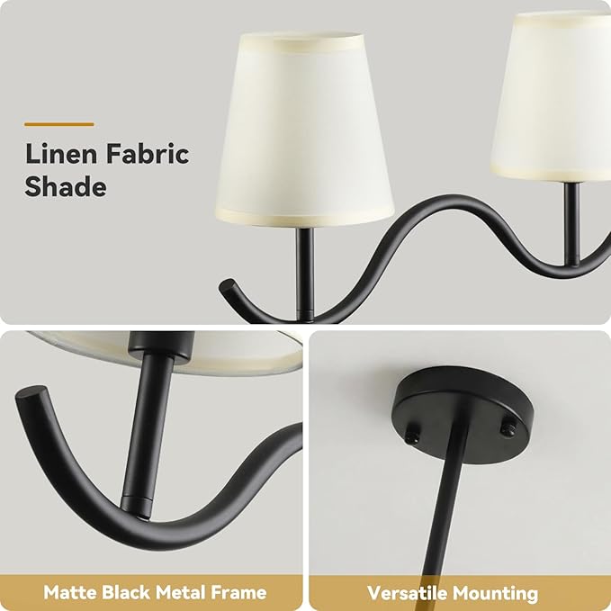 4-Light Linear Chandelier, 47"Black Farmhouse Light Fixture for Dining Room Kitchen Island, Modern Pendant Lighting with Fabric Shades, Adjustable Height Kitchen Island Light Fixture,E12 Base