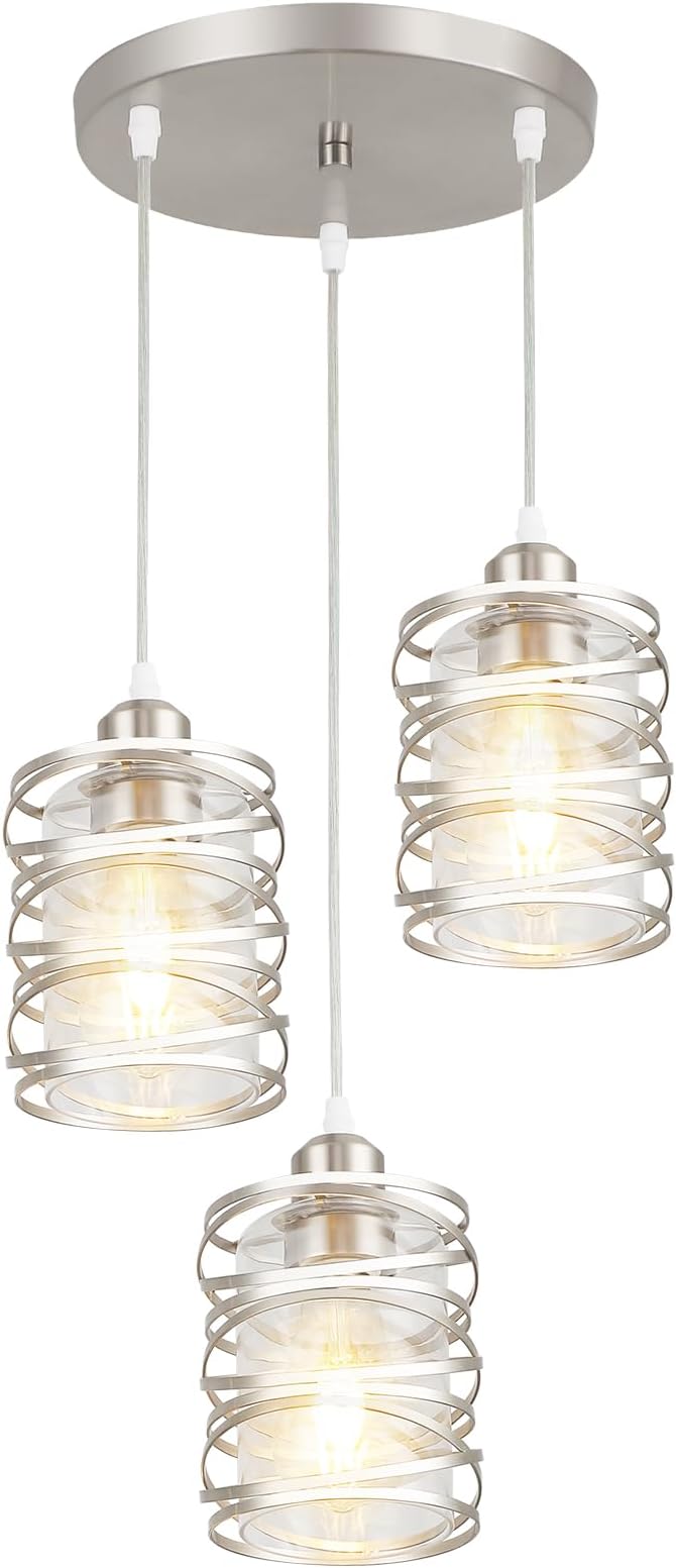 Brushed Nickel Cluster Pendant Lights, 3-Light Kitchen Island Pendant Light Fixtures with Clear Glass Shades, Adjustable Spiral Iron Dining Room Hanging Light Fixture