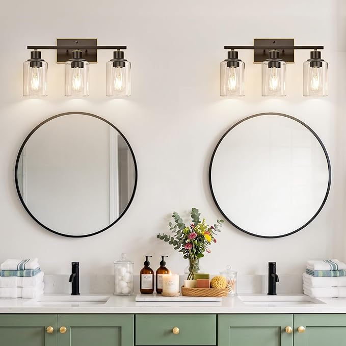 Indoi 3 Light Bathroom Light Fixtures, Oil-Rubbed Bronze Modern Vanity Lights with Clear Glass Shades, Bathroom Wall Lamp for Mirror Living Room Cabinet Bedroom Porch