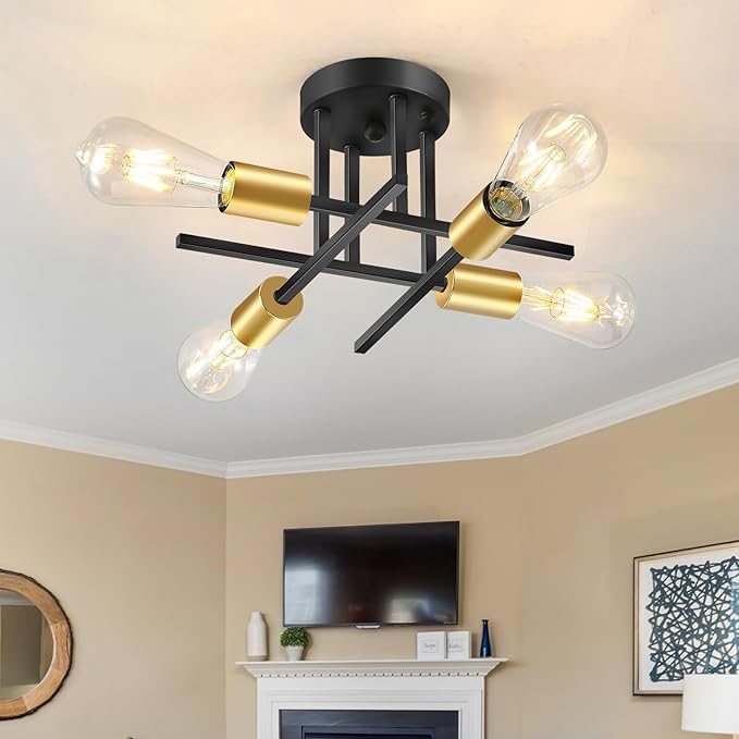EGM 4-Light Modern Semi Flush Ceiling Light Fixture, Black & Gold Bedroom Light Fixture with E26 Bulb Base, Close to Ceiling Lights for Living Room Farmhouse Kitchen Dining Room (1 Pack)