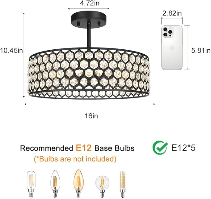 Black Crystal Ceiling Light Fixture - Modern Semi Flush Mount Ceiling Chandelier Lighting for Kitchen, Dazzling Prism Chandelier for Bedroom, Bathroom, Dining Room, 5 Light, 16 in