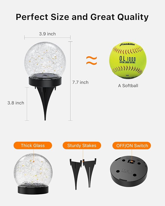 8 Pack Solar Powered Cracked Glass Globe LED Lights Outdoor Waterproof Decorative Table Ball Lamps for Outside Garden, Patio, Yard, Deck, Pathway, Backyard Decoration Easy to Install (Warm White)