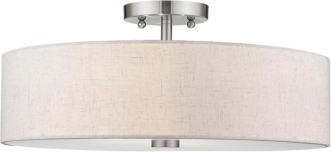 Livex Lighting 52136-91 Meridian Collection 4-Light Semi Flush Mount Ceiling Fixture with Oatmeal Color Fabric Hardback Drum Shade and Satin White Diffuser, Brushed Nickel