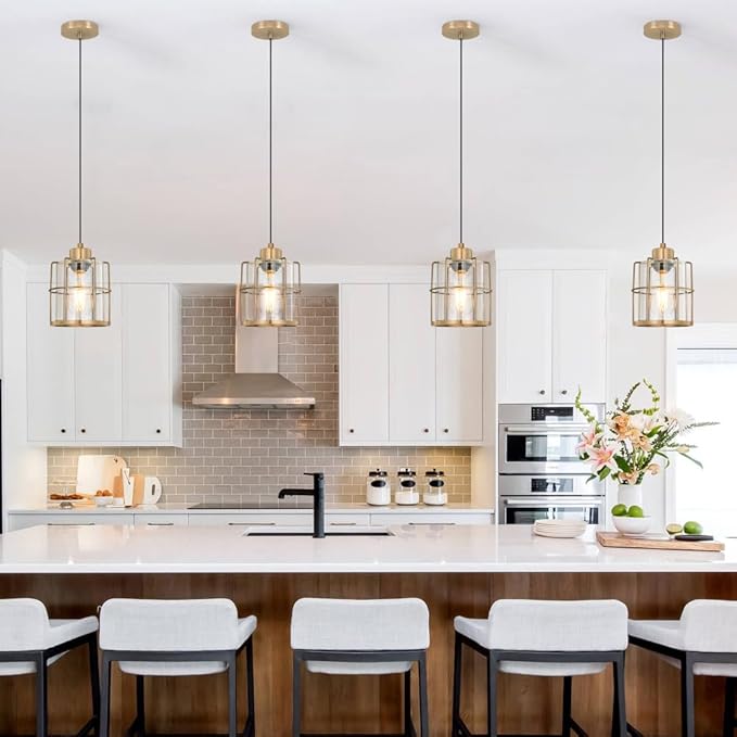 Brass Gold Pendant Light Fixture Set of 2, Modern Pendant Lights Kitchen Island over Sink, Cylinder Bathroom Light Fixture with Clear Glass, Farmhouse Hanging Light Fixture with Adjustable Cord