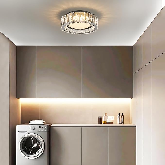 Crystal Dimmable Flush Mount Ceiling Light, Black Modern LED Close to Ceiling Light Fixture with 5CCT 2700K-6000K, Round Kitchen Lighting for Bedroom, Laundry Room, Hallway, Bathroom (11in 24W)