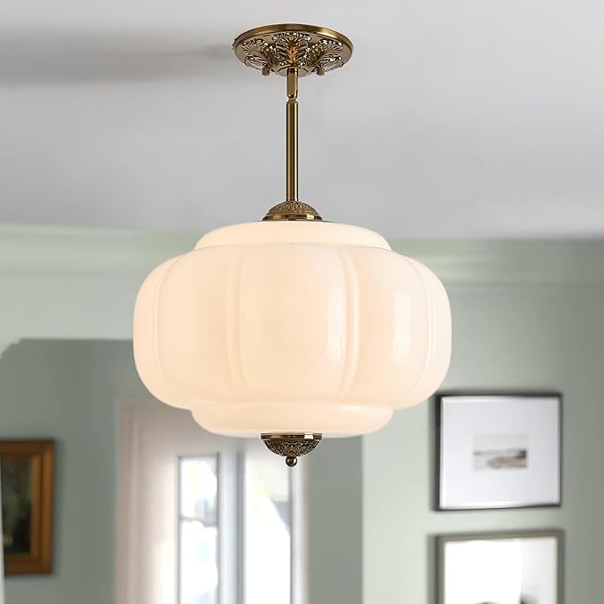 Milk Glass Ceiling Light Fixture, 15" Vintage Semi Flush Mount Pendant Light with Antique Brass Finish, Schoolhouse Light Fixture - Antique Chandelier for Kitchen, Hallway, Dining Room