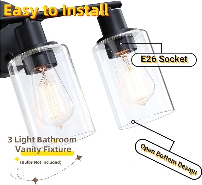 WISBEAM 3-Light Vanity Light Over Mirror, Black Bathroom Wall Light Fixtures with Clear Glass Shade Including E26 Medium Base, Bulb NOT Included