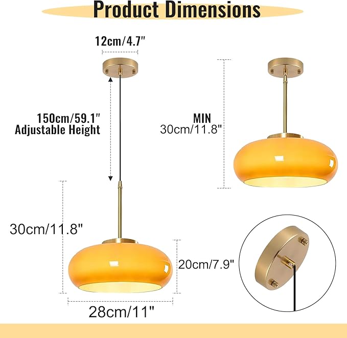 Orange Pendant Light - Glass Hanging Lamp Gold Brass 1-Light Kitchen Island Pendant Lights Fixture Mid Century Modern Ceiling Hanging Lighting with 11 ″ Dome Shade for Dining Room