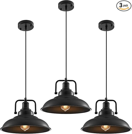 Black Pendant Light 12.5 inches 3 Packs, Farmhouse Pendant Light, Industrial Pendant Lighting, Kitchen Pendant Lights, Pendant Lights Kitchen Island for Dinning Room Entryway Barn