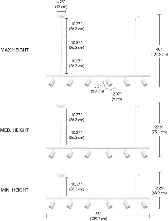 Globe Electric 64000124 55" 6-Light Adjustable Height Track Lighting, Matte White, Pivoting Heads, Modern Ceiling Light for Kitchen, Hallway or Dining Room, Dimmer Switch Compatible