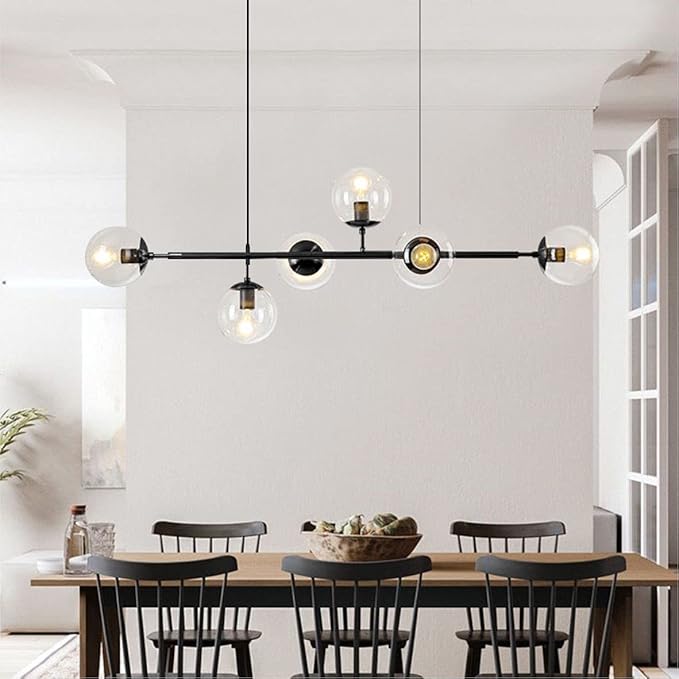 BOKT 6-Light Clear Glass Globe Pendant Light Mid Century Modern Rectangular Sputnik Chandelier Vintage Black Linear Kitchen Island Dining Pendant Lighting Fixture