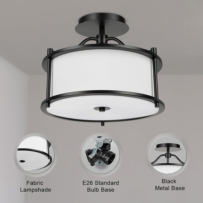 FRIDEKO HOME Semi Flush Mount Ceiling Light 3 Light Ceiling Light Fixture Close to Ceiling Light Fixture with Metal Frame Fabric Drum Shade for Bedroom Living Room Hallway Kitchen Entryway
