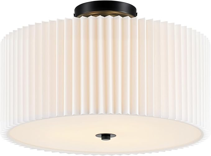VONLUCE Semi-Flush Mount Ceiling Light, 15.7" Modern 3-Light Ceiling Light Fixture with White Pleated Drum Shade 3 E26 Sockets for Bedroom Entryway Living Room, Black Finish, ETL Certificated