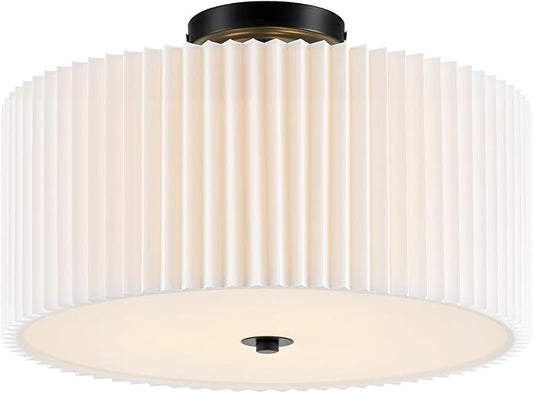 VONLUCE Semi-Flush Mount Ceiling Light, 15.7" Modern 3-Light Ceiling Light Fixture with White Pleated Drum Shade 3 E26 Sockets for Bedroom Entryway Living Room, Black Finish, ETL Certificated