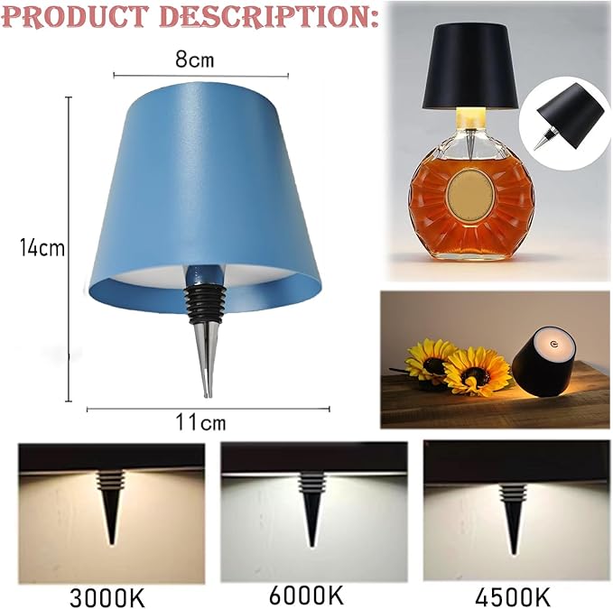 Neioaas Wine Bottle Lamp, 3 Color Light Dimming Metal Wine Bottle Light, Rechargeable Waterproof Bottle Touch Lamp Head with for Home,Bar,Camping,Travel,Restaurants, Party, Decor & Gifts(Blue)