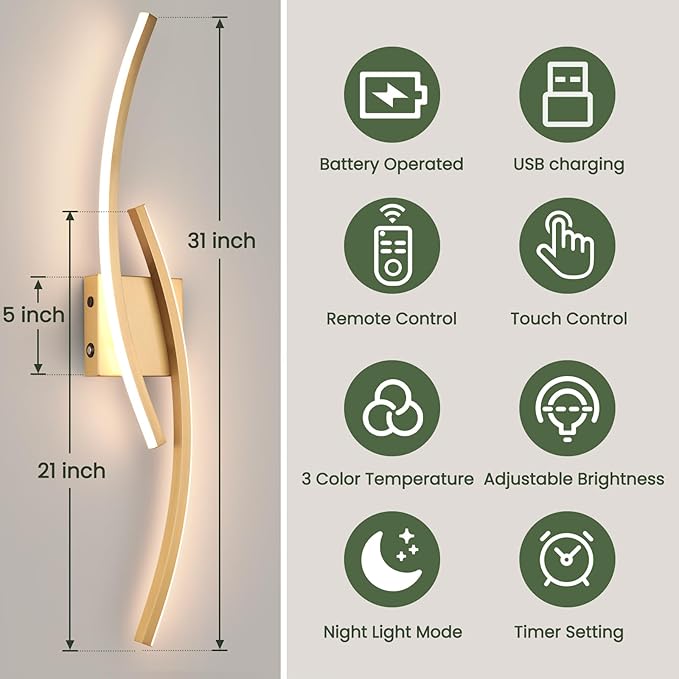 Battery Operated Wall Sconce,Gold Wall Sconces with Remote Control,3000K-6000K Modern LED Wireless Wall Light for Living Room, Hallway, Bedroom, 39.3 Inch