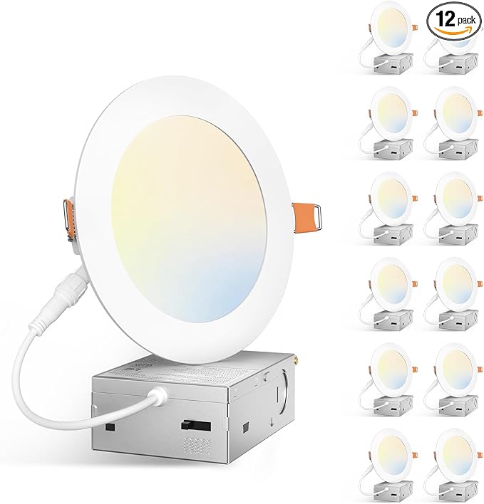 Amico 12 Pack 5 Inch 5CCT Ultra-Thin LED Canless Recessed Ceiling Light with Junction Box, 2700K/3000K/3500K/4000K/5000K Selectable, 11W=75W, 900LM High Brightness, Dimmable Wafer Downlight, ETL&FCC