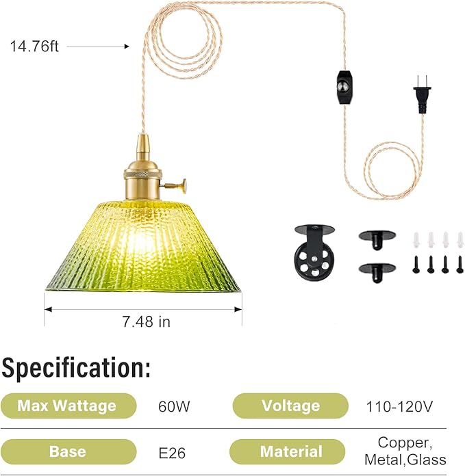 Plug in Pendant Light Vintage 2 Pack, Dimmable Pulley Hanging Lamp with Gradient Green Glass Shade, Brass Hanging Lights with Plug in Cord, Gold Plug in Hanging Light Fixture for Living Room Ceiling