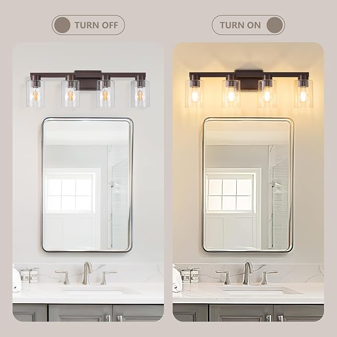 4-Light Bathroom Light Fixtures Modern Oil Rubbed Bronze Vanity Lights with Clear Glass Shade 26 Inch Wall Sconces Over Mirror for Bathroom,Powder Room, Living Room