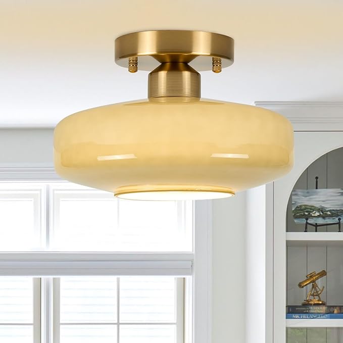 Modern Ceiling Light,10.24 inch,Olive Green Milk Glass Shade, Semi Flush Mount Light Fixture for Hallway, Entryway, Laundry Room