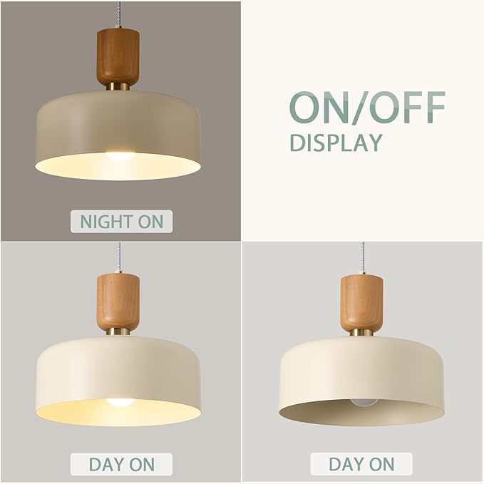 Modern Pendant Lighting,12 inch,Natural Wood and Brass Accent,Adjustable Pendant Light Fixtures for Kitchen Island,Dining Room,Soft Cream