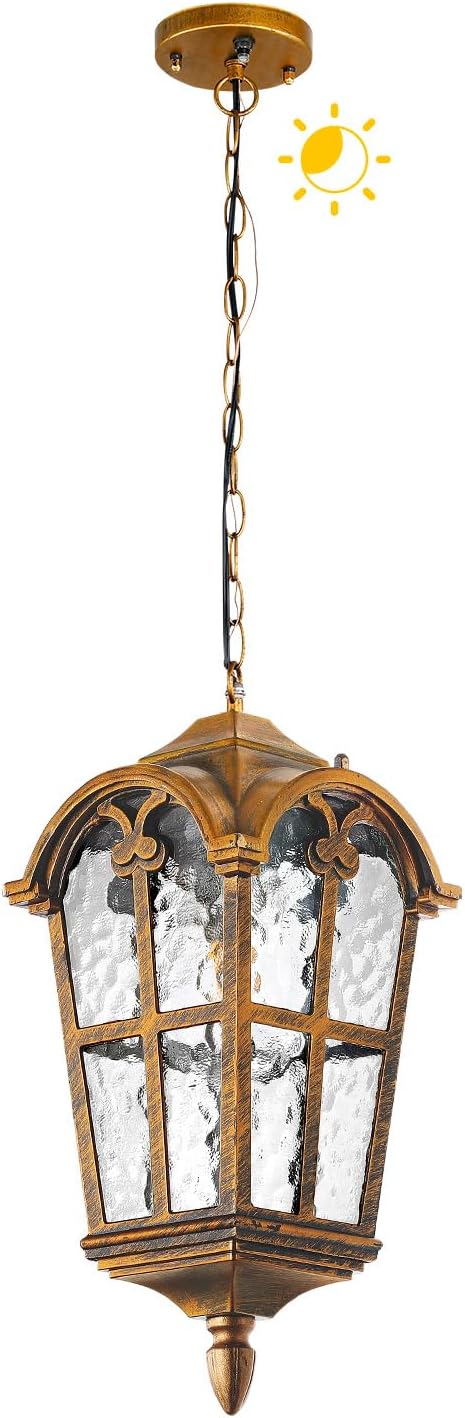 Dusk to Dawn Outdoor Pendant Lights for Porch Patio Garden Yard, Anti-Rust Aluminium Exterior Hanging Light Fixtures, Height Adjustable Gold Outside Hanging Ceiling Hallway Pendant Lamp