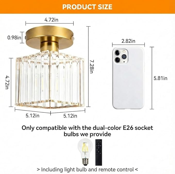 Crystal Ceiling Light Fixture, Modern Semi Flush Mount Ceiling Light with Remote Control, Cube Gold Flush Mount Chandelier for Entryway Kitchen Bedroom Living Room Entryway (Bulb Included)