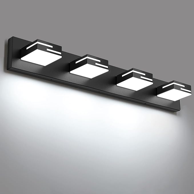 LED Modern Bathroom Vanity Light Fixtures, 4-Light 28-inch Dimmable Matte Black Vanity Lights for Bathroom Lighting Fixtures Over Mirror, with 360° Rotatable Acrylic Heads (Cool White 6000K)
