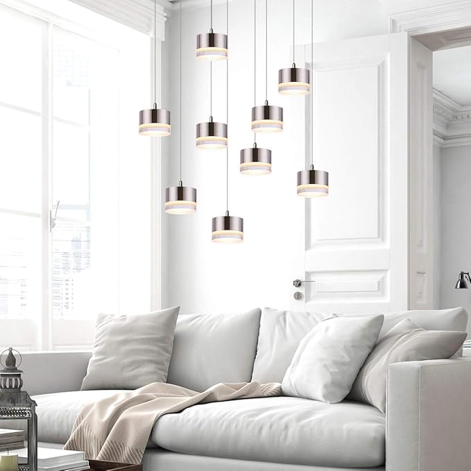 Jupiter 9 Mini Pendant Lighting Nickel - LED Hanging Light Fixture for Kitchen Island, Bar, Foyer - Cluster Pendants - Dimmable, Adjustable Wire, Lamp Bulb Included