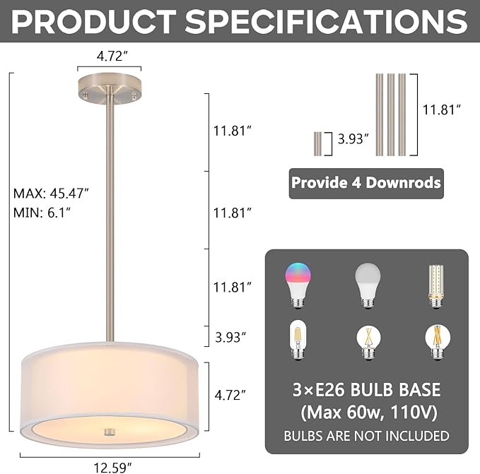 Luupyia 3-Light Fabric Drum Ceiling Lighting with Double Fabric Shade, 12.59 Inches Simple Modern Semi Flush Mount Ceiling Pendant Light Fixture Modern Chandelier for Bedroom, Hallway, Foyer E26 60W