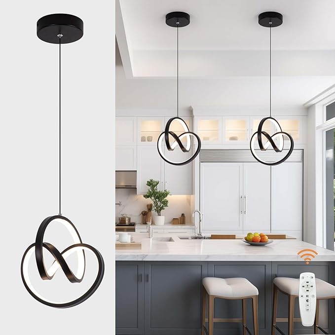 3000-6000K Modern LED Pendant Light,Black Dimmable Pendant Light for Kitchen Island, Adjustable Hanging Lamp for Dining Room Bar Bathroom, 1 Pack