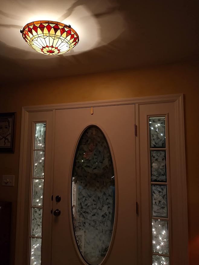 DIRYZON EUL Vintage Tiffany Style Mission Semi Flush Mount Ceiling Light 15.7" Antique Art Stained Glass Shade 3-Light