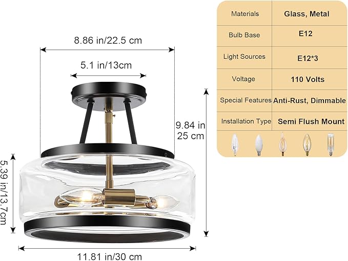 11.8" Black and Gold Semi Flush Mount Ceiling Light, Small Ceiling Lights with Clear Glass, Modern Drum Light Fixture for Hallyway Dining Room Foyer Entryway Bedroom Kitchen Bathroom, 3-Light
